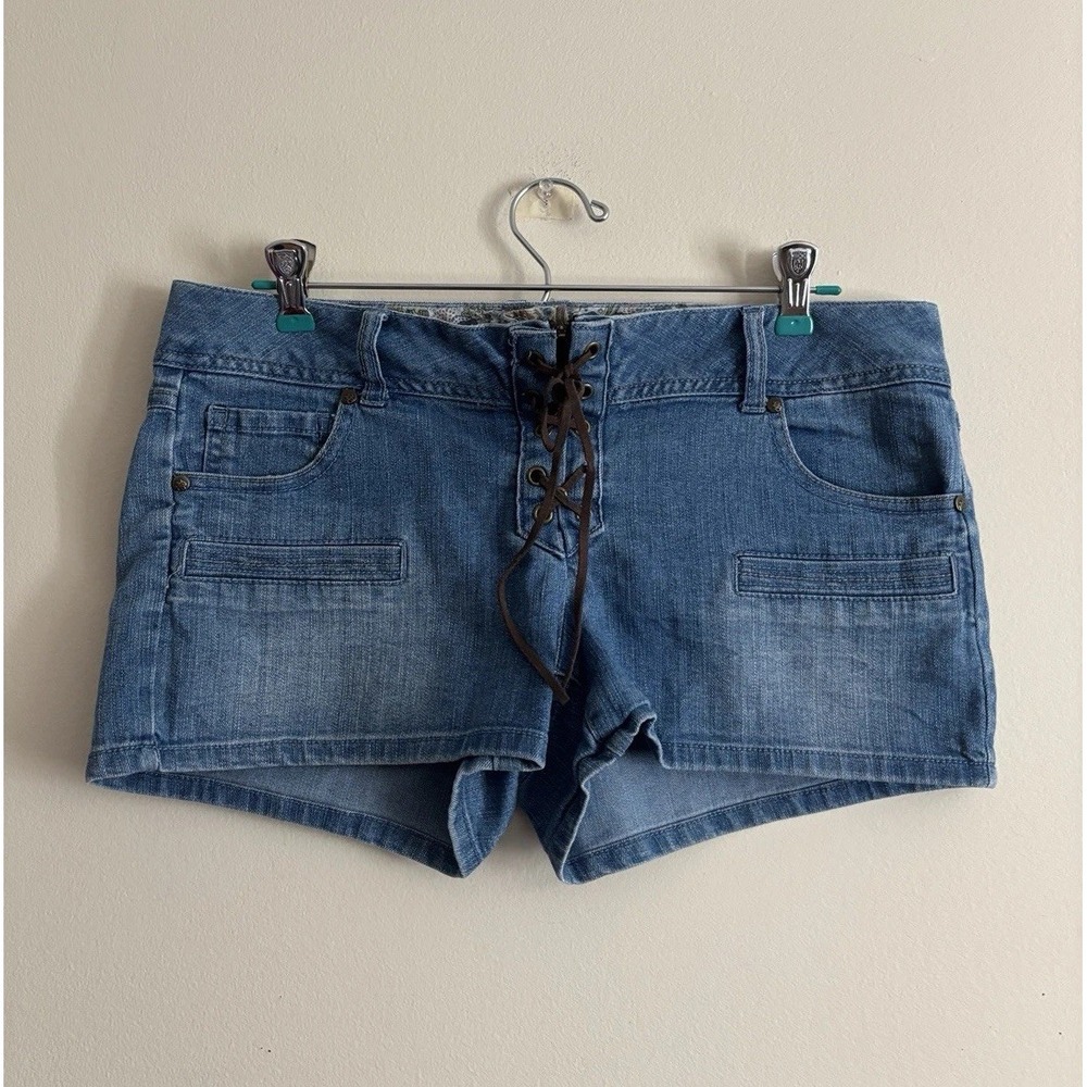 Boom Boom Jeans Low Rise Mini Shorts Size 9 Lace Up Front Denim Blue Y2K 2000s